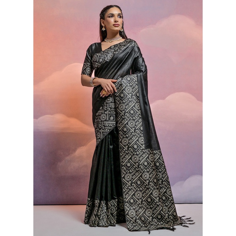 Black Dupion Silk Saree With Blouse Piece - JD986613398