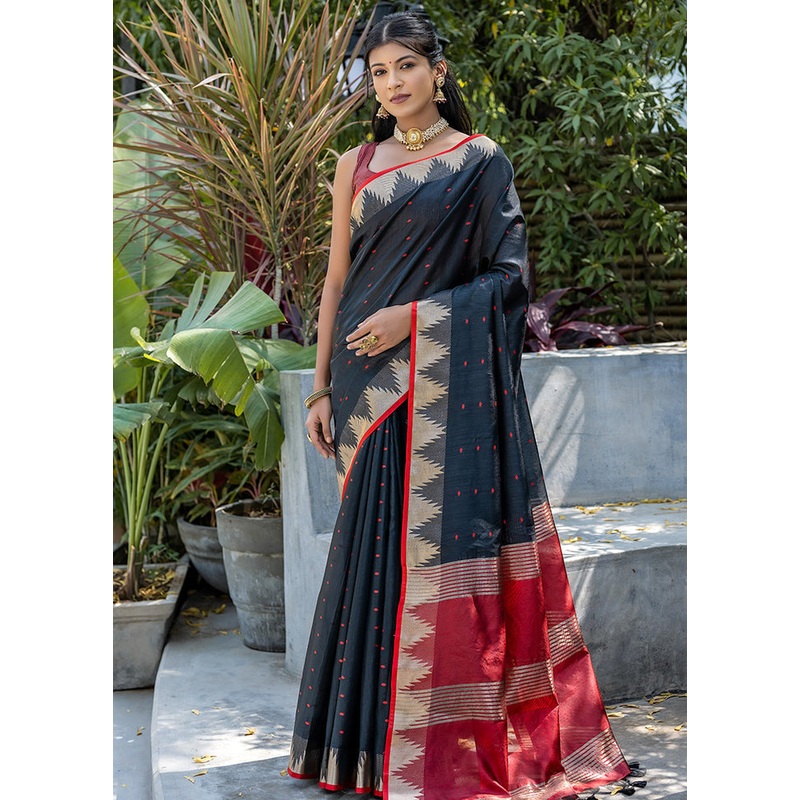 Black Dupion Silk Saree With Blouse Piece - JD986613449