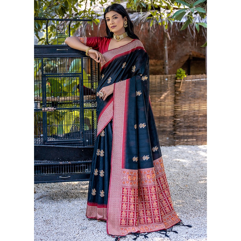 Black Tussar Silk Saree With Blouse Piece - JD986613397