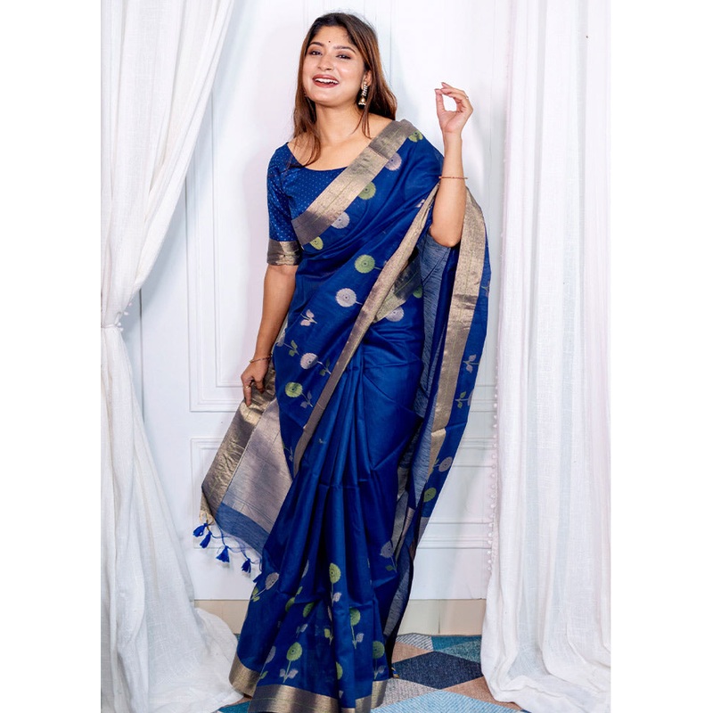 Blue Cotton Saree With Blouse Piece - JD986613393