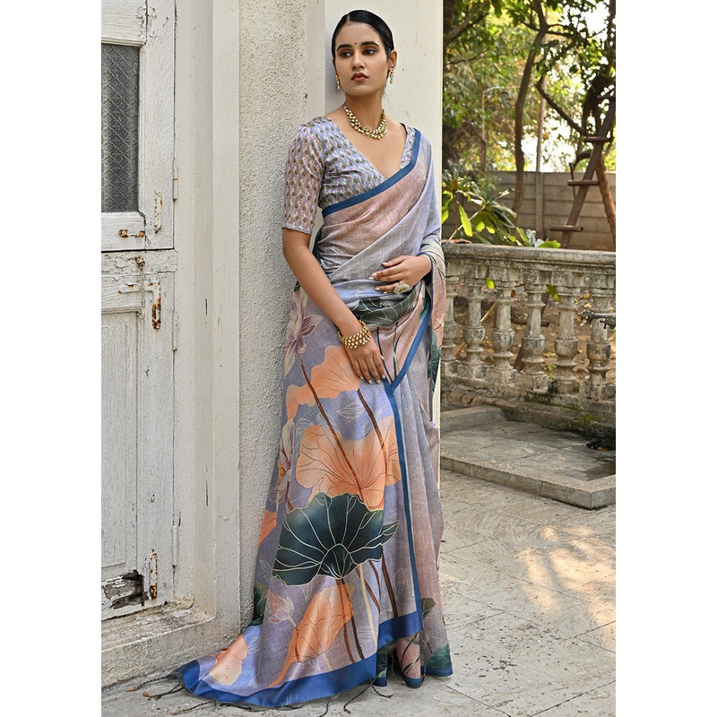 Blue Cotton Saree With Blouse Piece - JD986613395