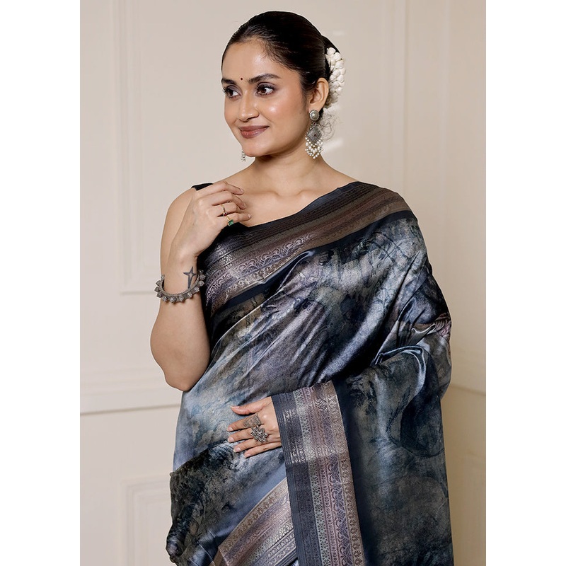 Blue Dupion Silk Saree With Blouse Piece - JD986613324