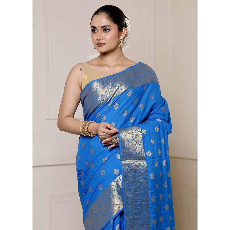Blue Dupion Silk Saree With Blouse Piece - JD986613326
