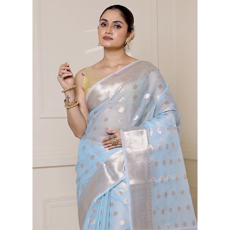 Blue Organza Saree With Blouse Piece - JD986613322