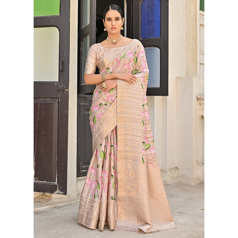 Chiku Banarasi Silk Saree With Blouse Piece - JD986613392