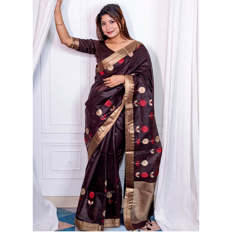 Coffee Cotton Saree With Blouse Piece - JD986613390