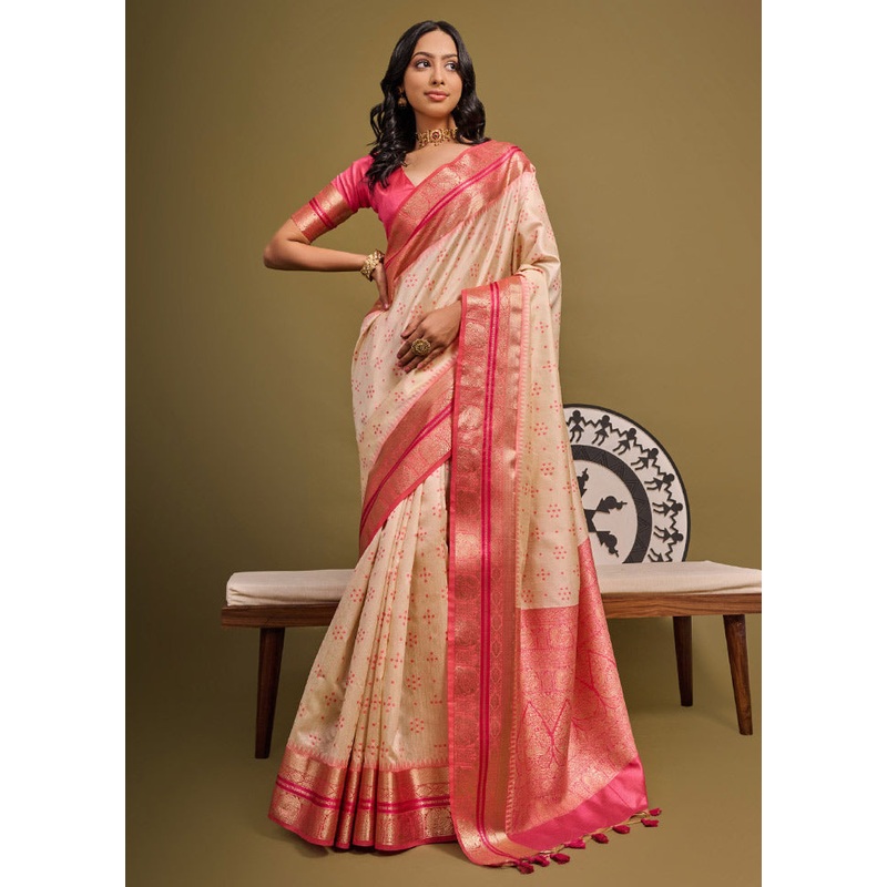 Cream Dupion Silk Saree With Blouse Piece - JD986613388
