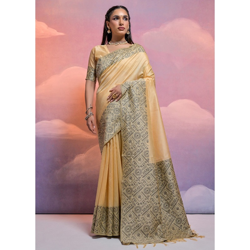 Cream Dupion Silk Saree With Blouse Piece - JD986613389