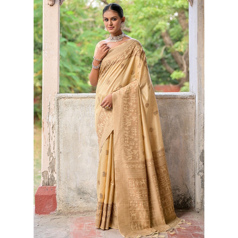 Cream Dupion Silk Saree With Blouse Piece - JD986613442
