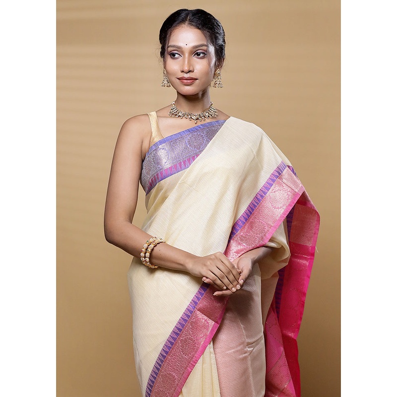 Cream Kota Cotton Saree With Blouse Piece - JD986613298