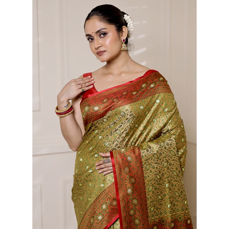 Cream Tanchoi Silk Saree With Blouse Piece - JD986613318