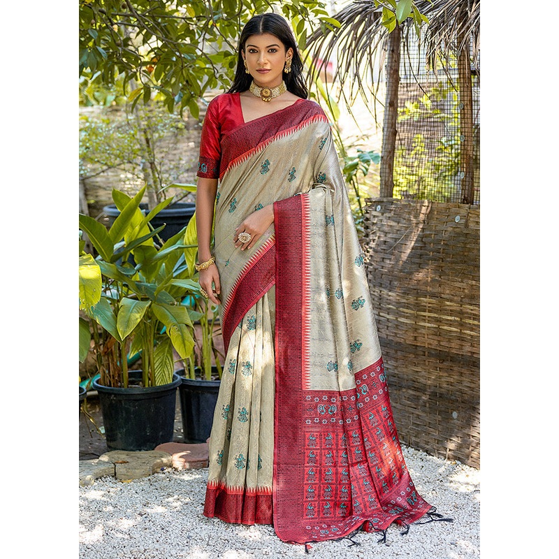 Cream Tussar Silk Saree With Blouse Piece - JD986613387
