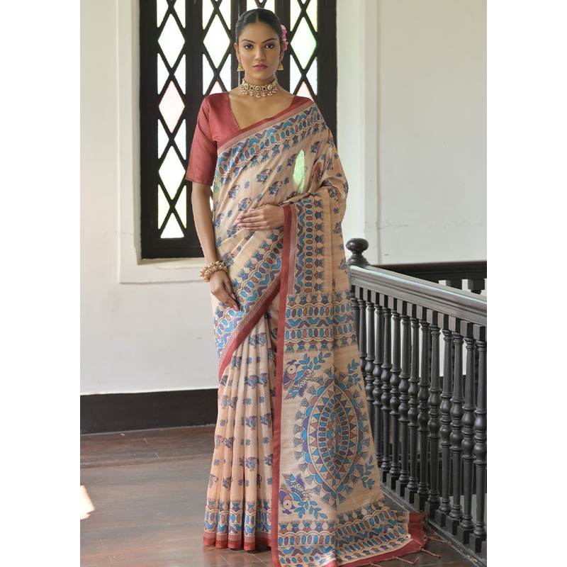 Cream Tussar Silk Saree With Blouse Piece - JD986613416