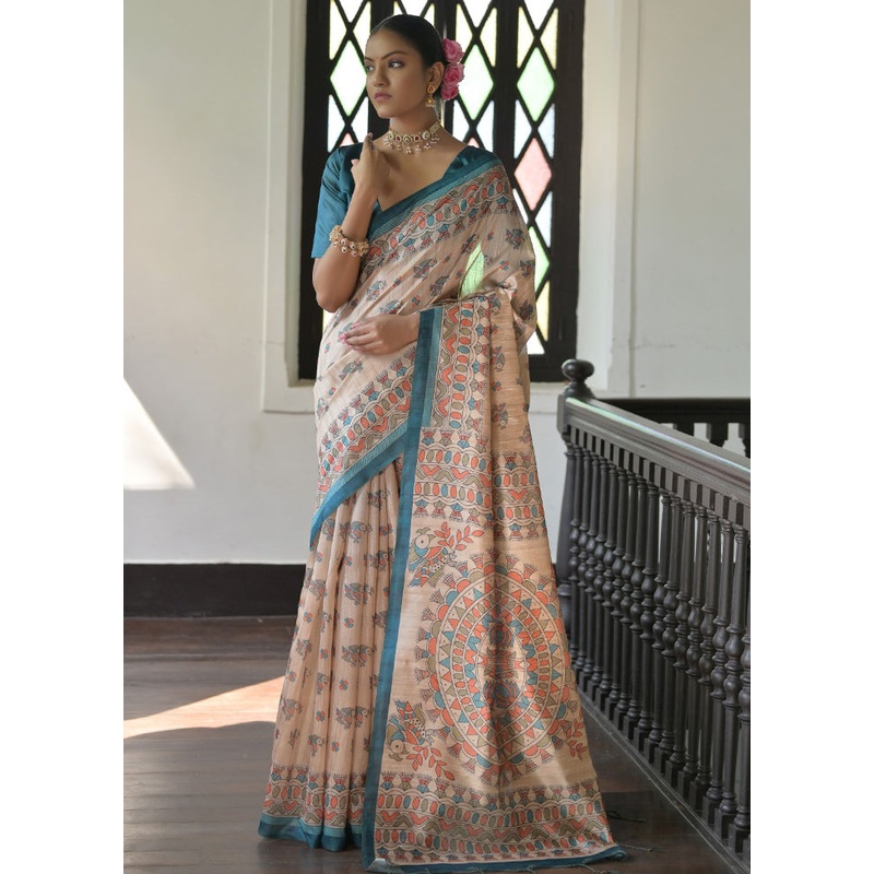 Cream Tussar Silk Saree With Blouse Piece - JD986613420