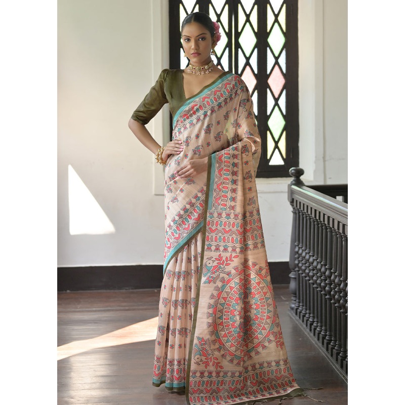Cream Tussar Silk Saree With Blouse Piece - JD986613432