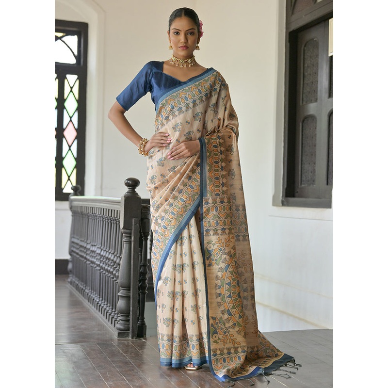 Cream Tussar Silk Saree With Blouse Piece - JD986613447