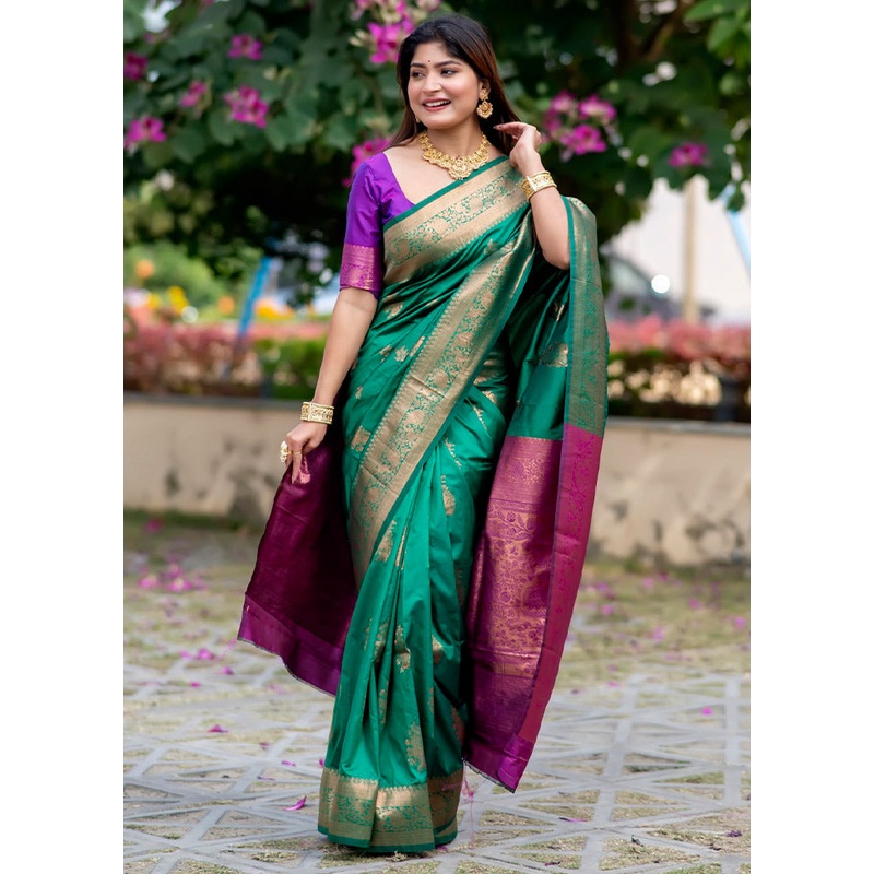 Green Banarasi Silk Saree With Blouse Piece - JD986613381