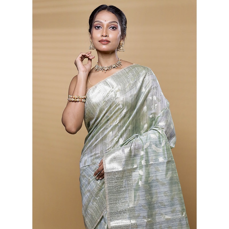 Green Dupion Silk Saree With Blouse Piece - JD986613297