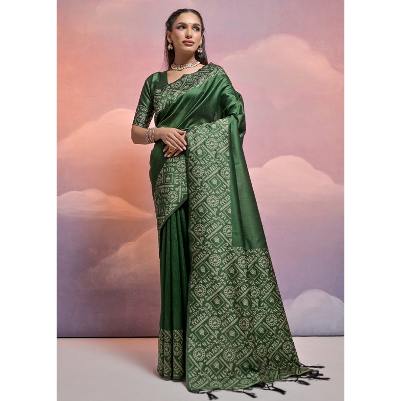 Green Dupion Silk Saree With Blouse Piece - JD986613379