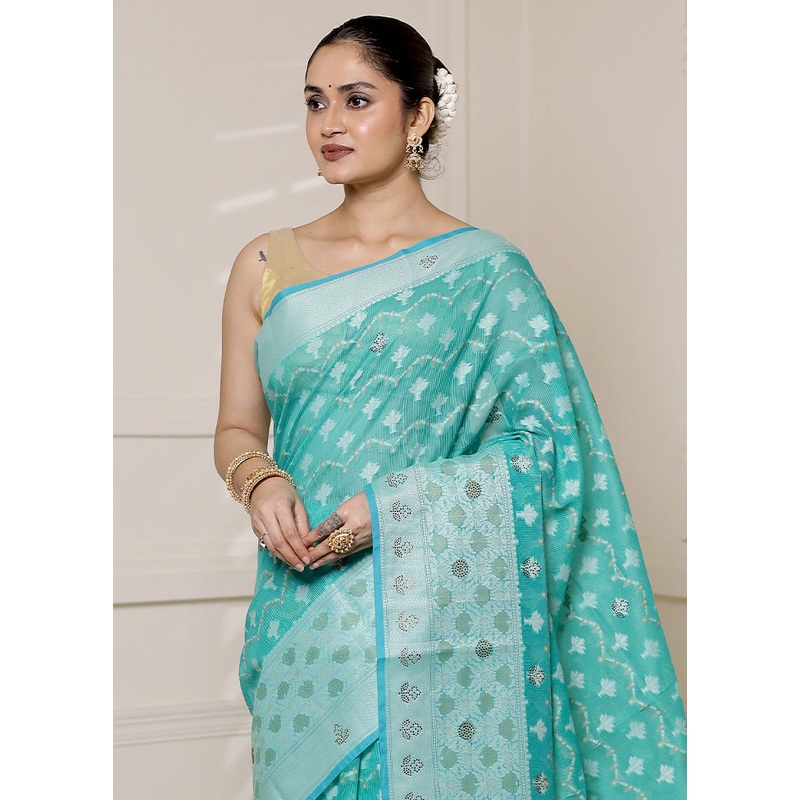 Green Kota Cotton Saree With Blouse Piece - JD986613314