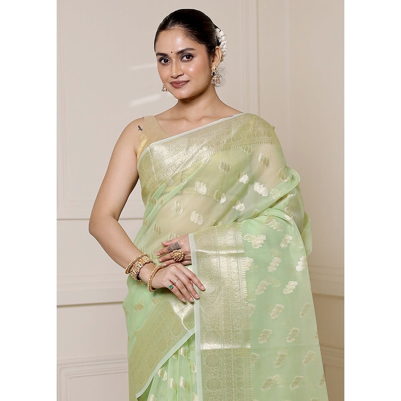 Green Organza Saree With Blouse Piece - JD986613313