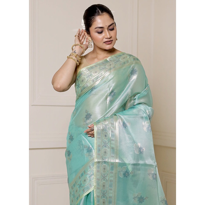 Green Tissue Silk Saree With Blouse Piece - JD986613311
