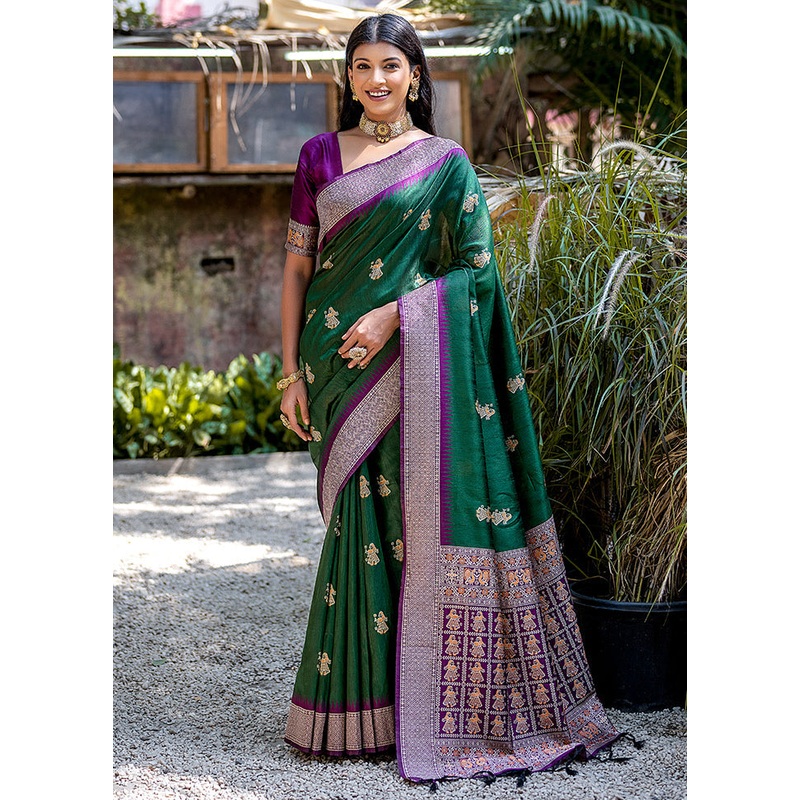 Green Tussar Silk Saree With Blouse Piece - JD986613377