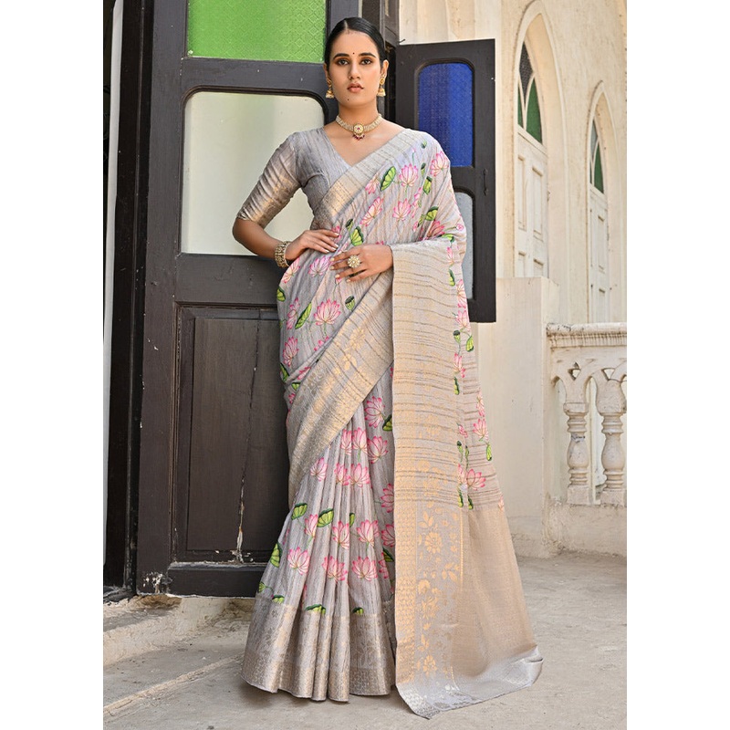 Grey Banarasi Silk Saree With Blouse Piece - JD986613376