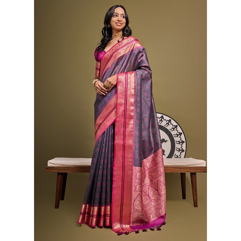 Grey Dupion Silk Saree With Blouse Piece - JD986613375