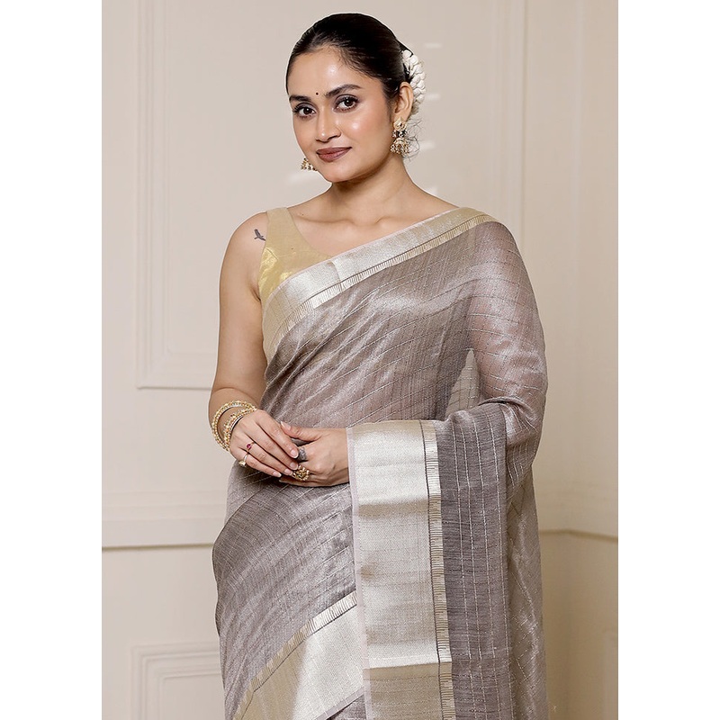 Grey Tissue Silk Saree With Blouse Piece - JD986613327