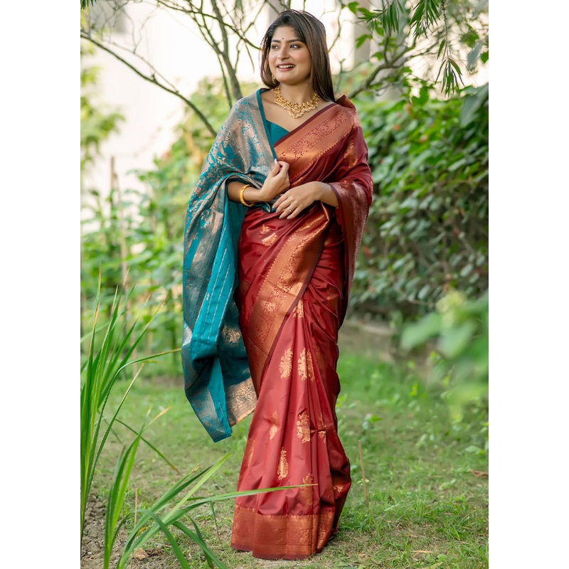 Maroon Banarasi Silk Saree With Blouse Piece - JD986613373