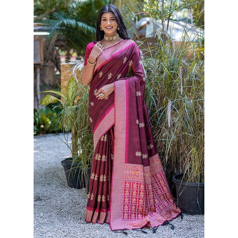 Maroon Tussar Silk Saree With Blouse Piece - JD986613371