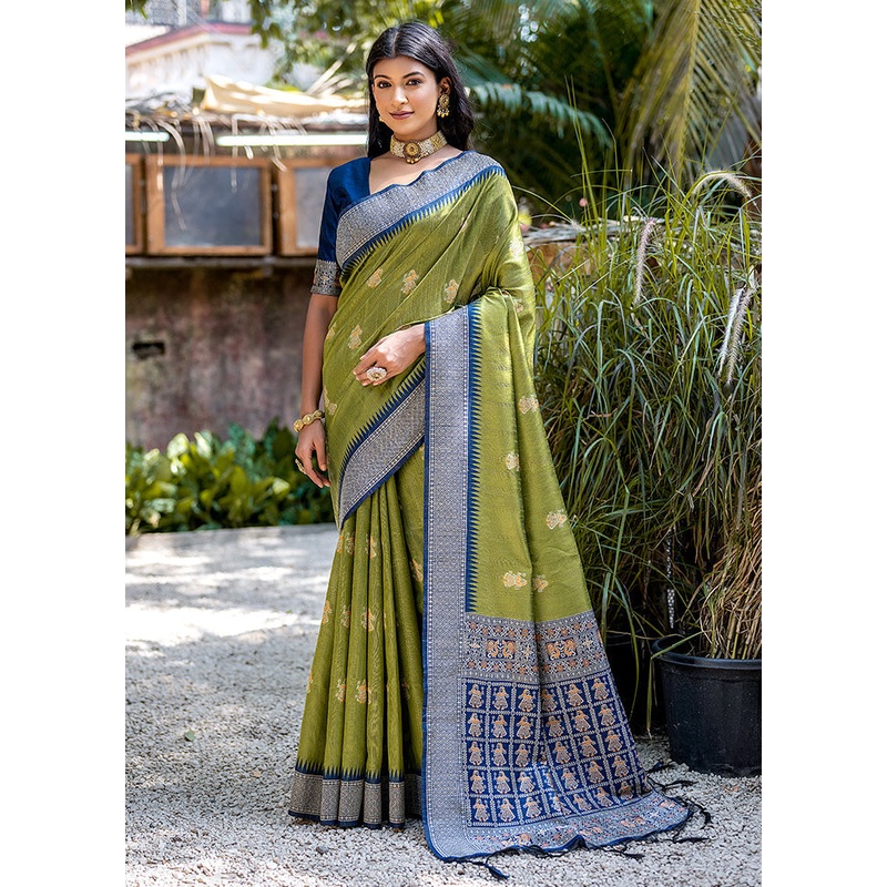 Mehendi Tussar Silk Saree With Blouse Piece - JD986613367