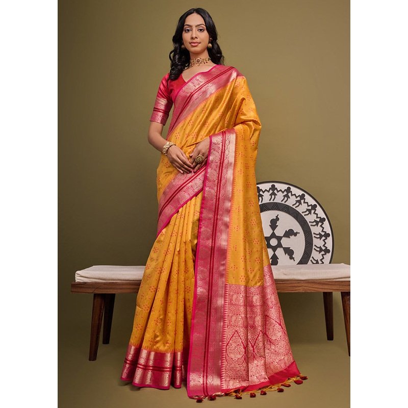 Mustard Dupion Silk Saree With Blouse Piece - JD986613366