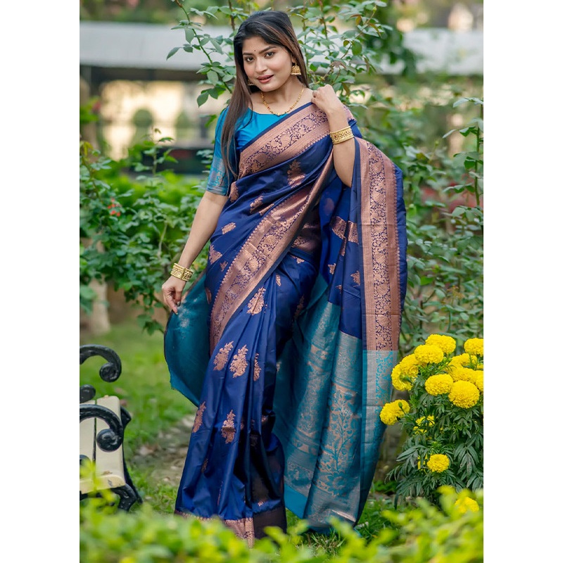 Navy Blue Banarasi Silk Saree With Blouse Piece - JD986613365
