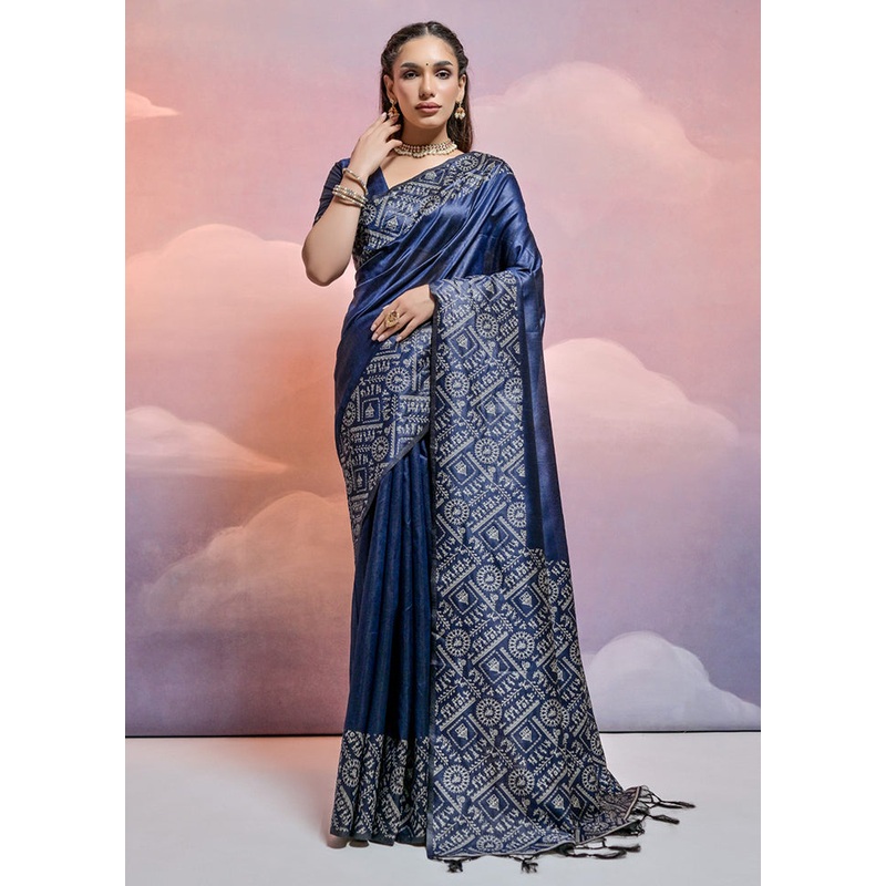 Navy Blue Dupion Silk Saree With Blouse Piece - JD986613363