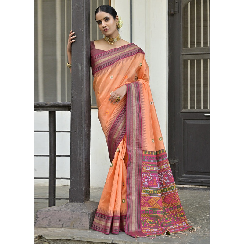 Orange Dupion Silk Saree With Blouse Piece - JD986613430