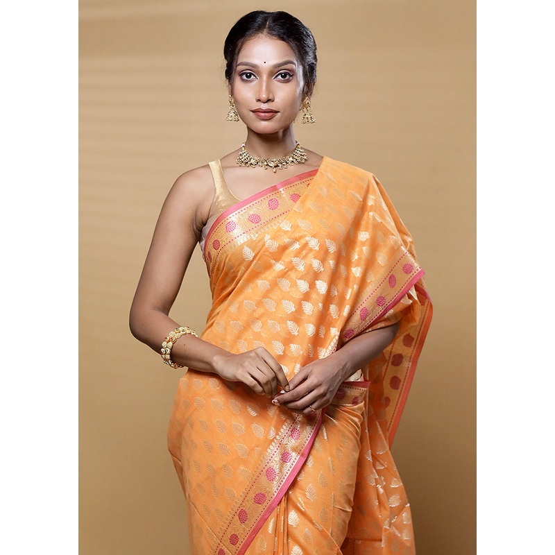 Orange Kora Silk Saree With Blouse Piece - JD986613296