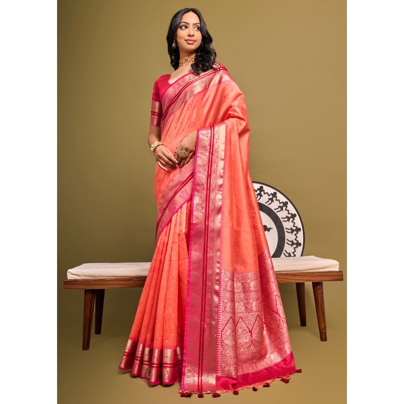 Peach Dupion Silk Saree With Blouse Piece - JD986613359