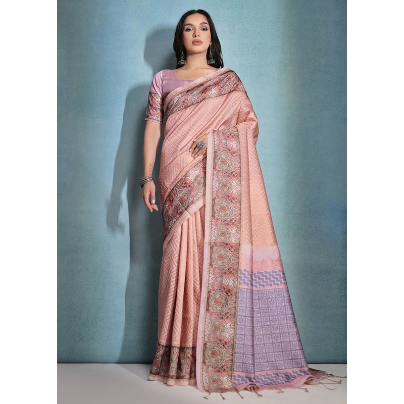 Peach Pure Cotton Saree With Blouse Piece - JD986613358