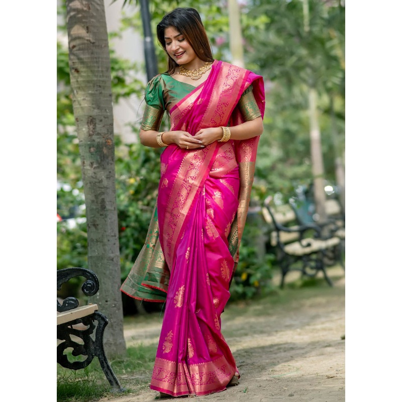 Pink Banarasi Silk Saree With Blouse Piece - JD986613357