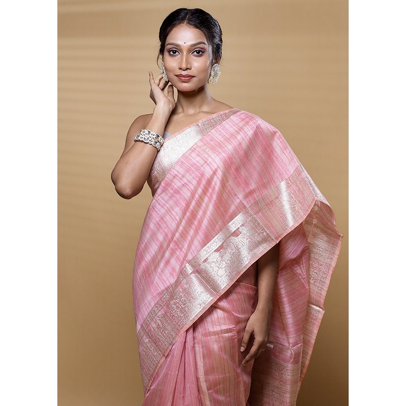 Pink Dupion Silk Saree With Blouse Piece - JD986613293