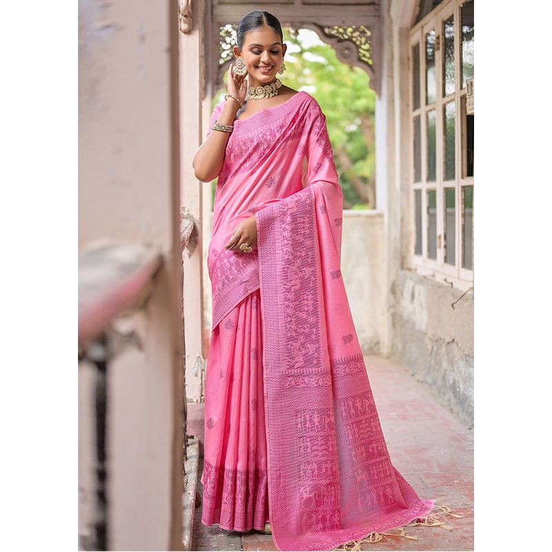 Pink Dupion Silk Saree With Blouse Piece - JD986613427