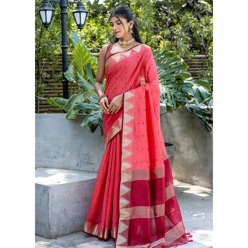 Pink Dupion Silk Saree With Blouse Piece - JD986613428