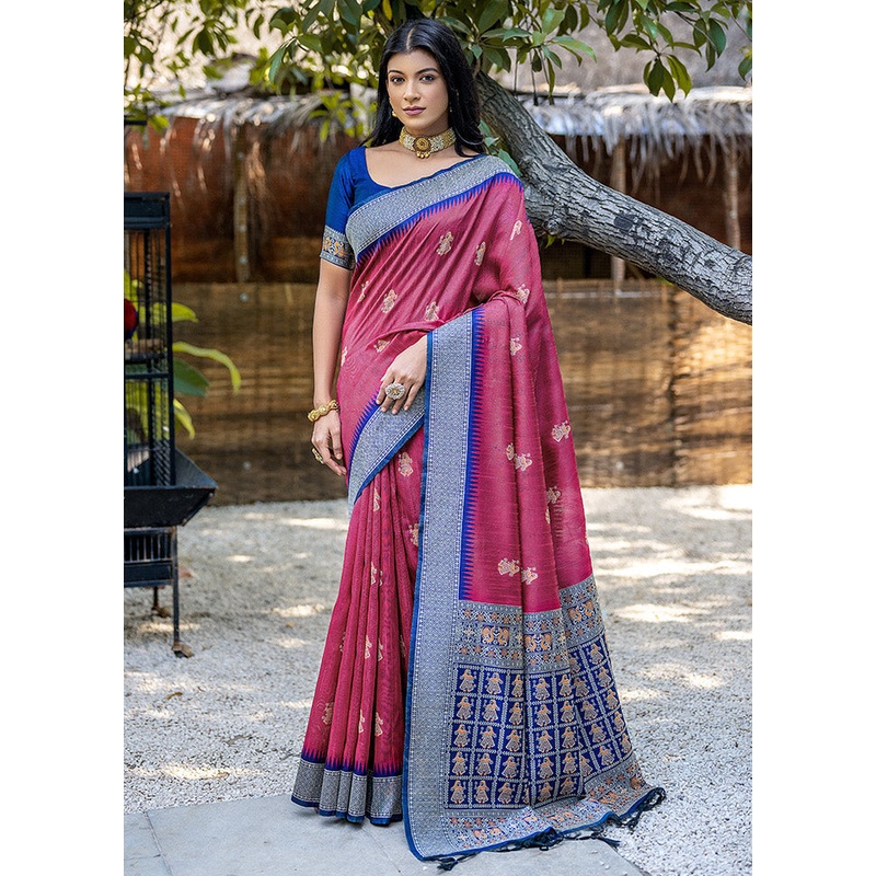 Pink Tussar Silk Saree With Blouse Piece - JD986613353
