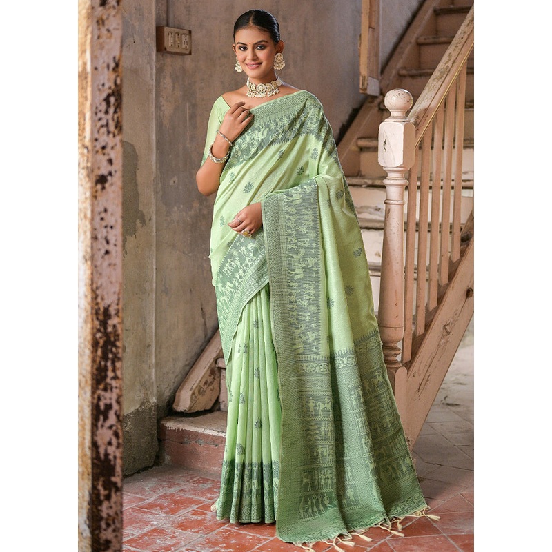 Pista Green Dupion Silk Saree With Blouse Piece - JD986613423