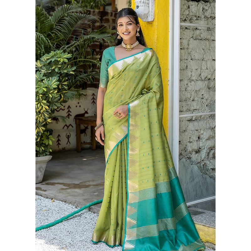 Pista Green Dupion Silk Saree With Blouse Piece - JD986613424