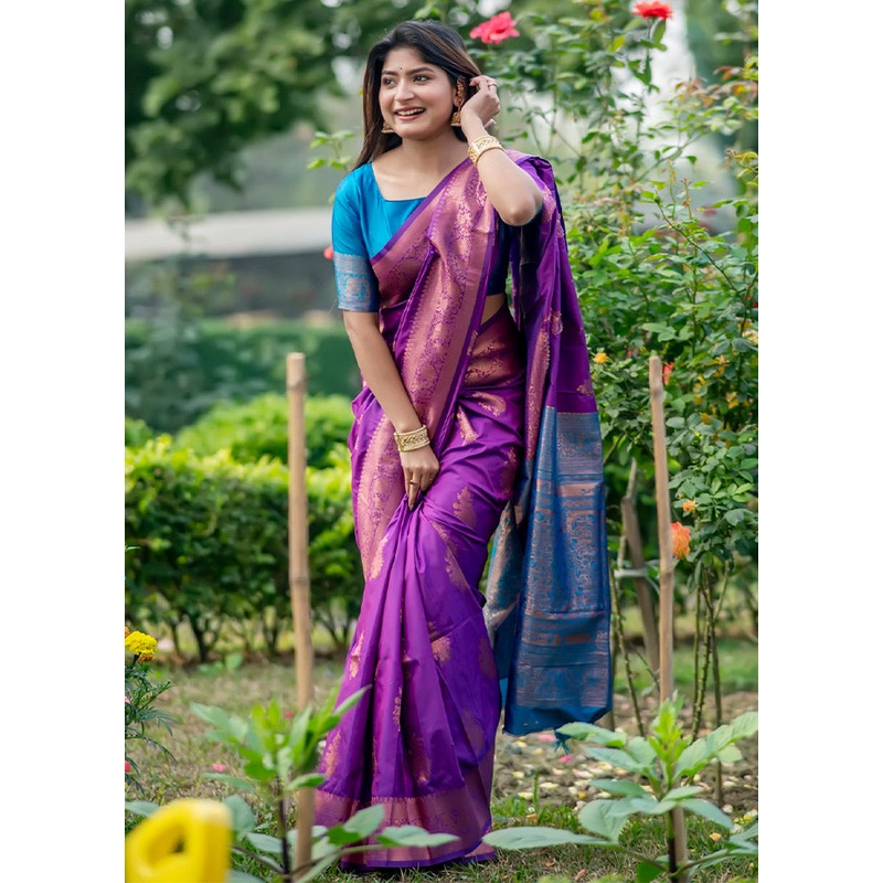 Purple Banarasi Silk Saree With Blouse Piece - JD986613351