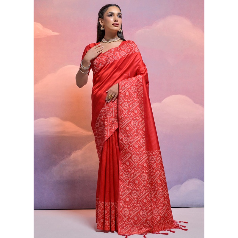 Red Dupion Silk Saree With Blouse Piece - JD986613346