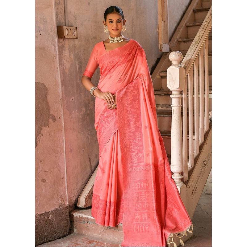 Red Dupion Silk Saree With Blouse Piece - JD986613417